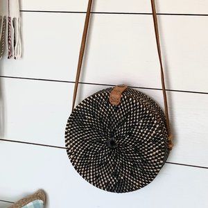Tan & Black Round Rattan X-body Satchel Boho Bag